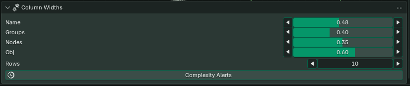 Column Widths panel with controls for Name, Groups, Nodes, Obj, and Rows