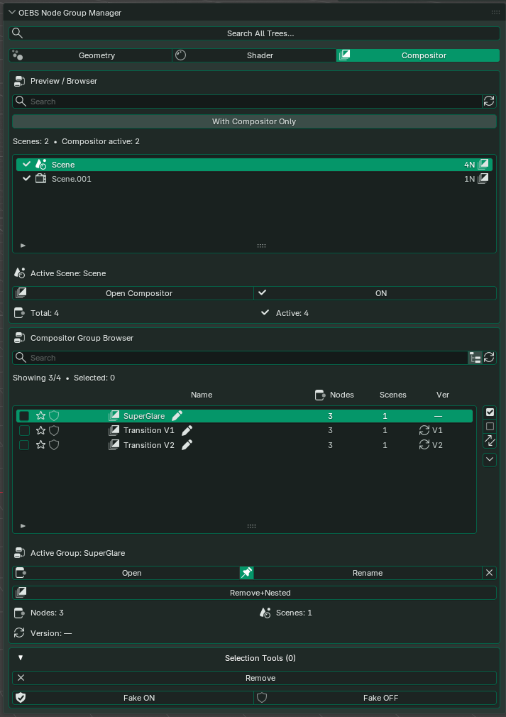 Compositor manager showing the Scene Browser and Compositor Group Browser