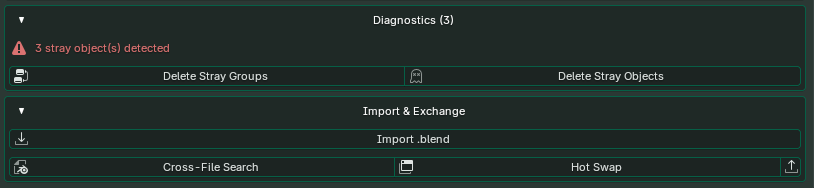 Diagnostics and Import and Exchange panels with stray-object cleanup, cross-file search, hot swap, and blend import tools