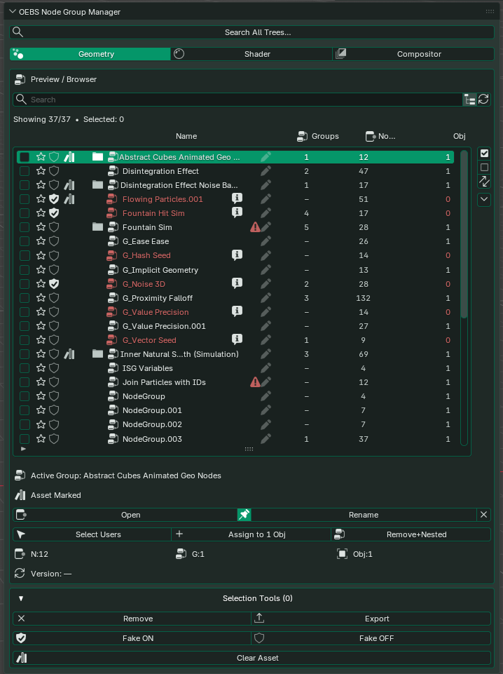 Geometry Nodes manager showing the Preview / Browser group list and Active Group controls