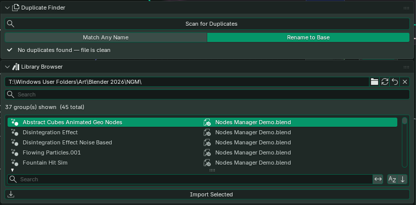 Library Browser showing a selected node group and its source blend file