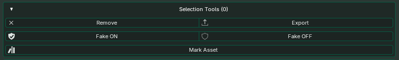 Selection Tools panel with Remove, Export, Fake User, and Mark Asset controls