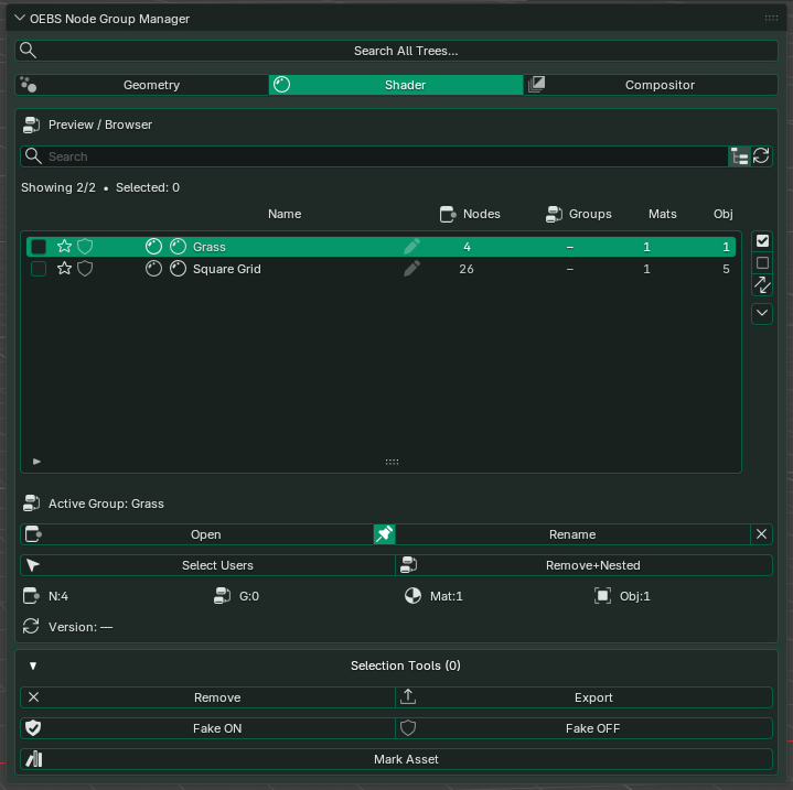 Shader Nodes manager showing material node groups with Nodes, Groups, Mats, and Obj columns